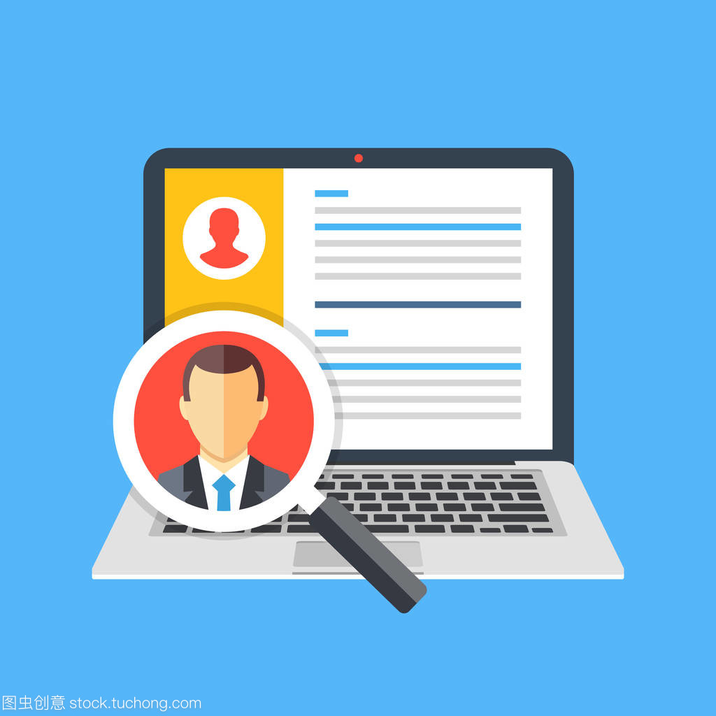 人力資源部,工作人員的概念。名候選人名單和候選人圖標帶放大鏡的筆記本電腦。創意的圖形元素。現代平面設計矢量圖